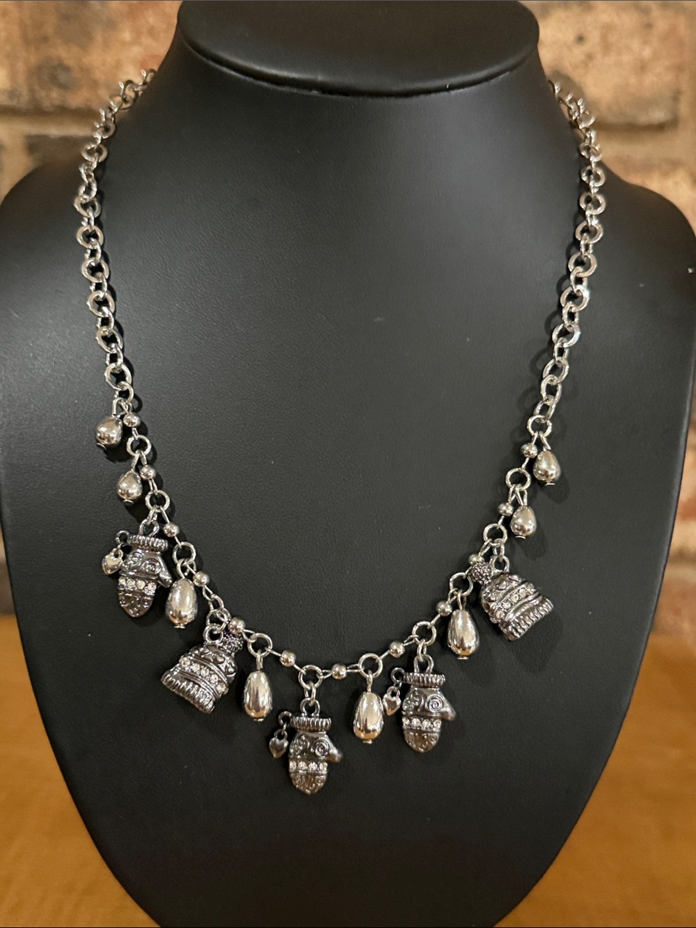 Silvertone winter hat and mittens rhinestone charm necklace
